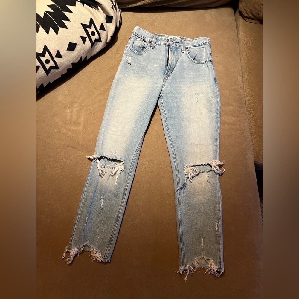 Abercrombie & Fitch Light Blue Distressed Straight Leg, High Rise Mom Jeans